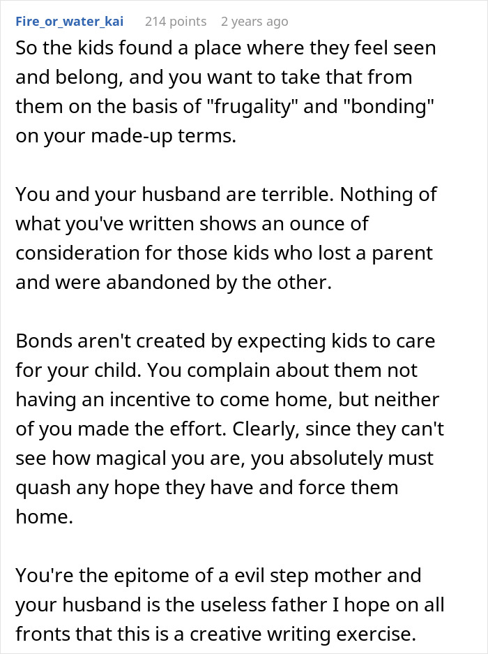 Comment criticizing a woman asking stepchildren to leave home for boarding school, highlighting lack of empathy and family bonds. Comment criticizing a woman asking stepchildren to leave home for boarding school, highlighting lack of empathy and family bonds.