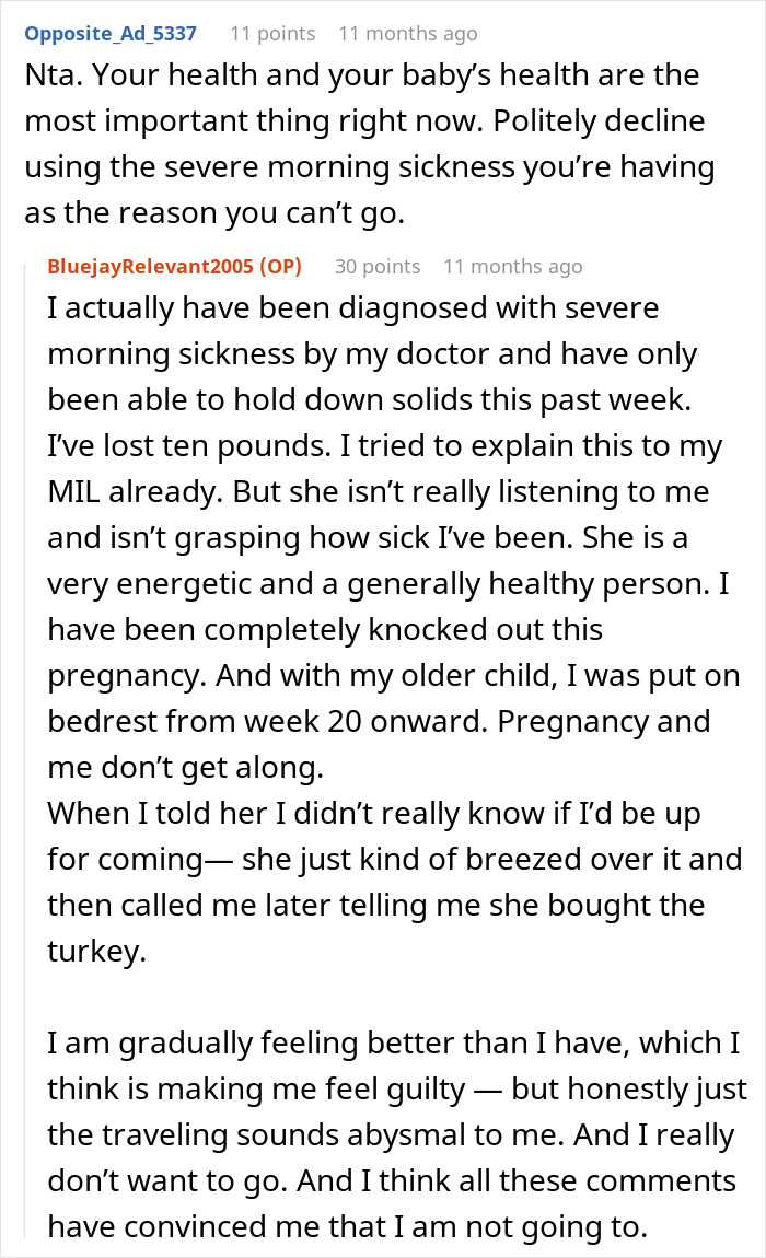 Reddit conversation about hazardous MIL cooking and a pregnant woman considering skipping Thanksgiving for health reasons. Reddit conversation about hazardous MIL cooking and a pregnant woman considering skipping Thanksgiving for health reasons.