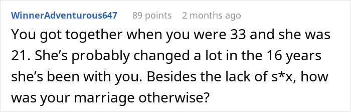 Screenshot of a Reddit comment discussing a marriage affected by lack of intimacy and relationship changes over 16 years.