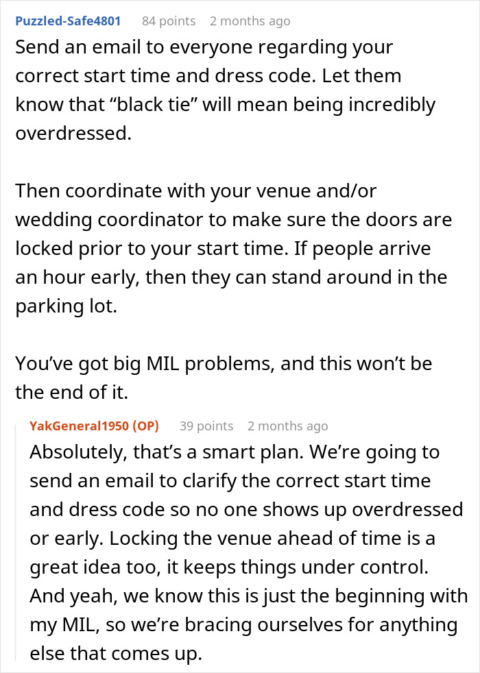 Screenshot of an online forum discussing MIL sending secret wedding invites to protect the family image.