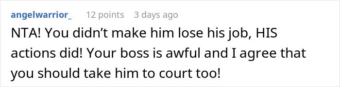 Screenshot of a Reddit comment discussing a person losing their job over an expensive $1.8K office chair dispute.