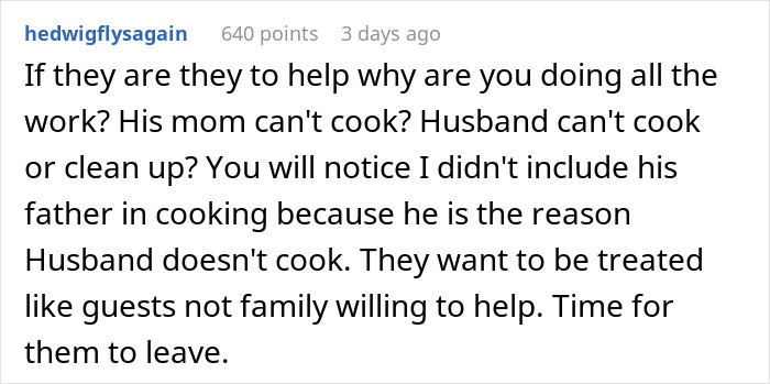 Comment about a pregnant woman demanding husband respect, discussing lack of help with cooking and cleaning chores.