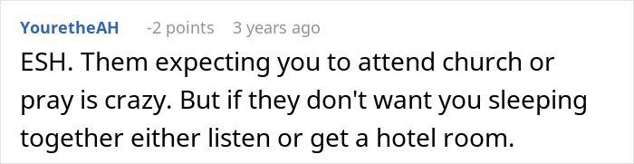 Comment discussing MIL making son's girlfriend sleep in a different room due to not praying or attending church beliefs.