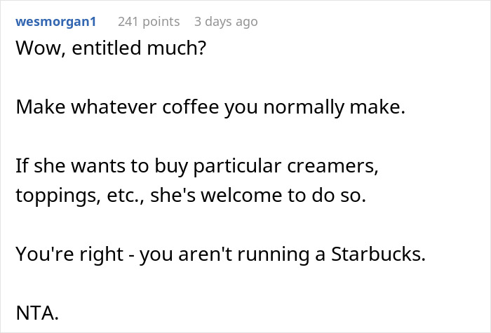 Reddit comment discussing MIL making morning coffee for DIL and ignoring fancy recipe instructions after demand. Reddit comment discussing MIL making morning coffee for DIL and ignoring fancy recipe instructions after demand.