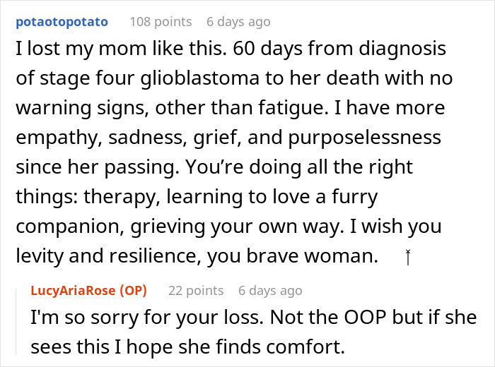 Commenter shares grief over stage four glioblastoma loss, emphasizing empathy and resilience in coping with a life-threatening condition. Commenter shares grief over stage four glioblastoma loss, emphasizing empathy and resilience in coping with a life-threatening condition.