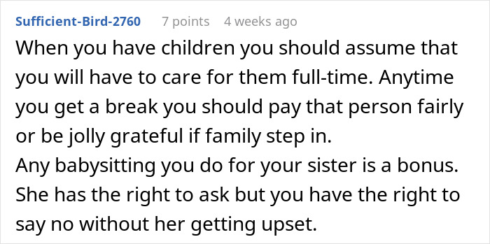 Alt text: Comment discussing expectations of free babysitting on demand and the right to say no within family dynamics.