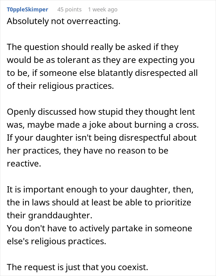 Comment discussing a mom reaching breaking point as in-laws mock daughter’s paganism and bring forbidden foods.