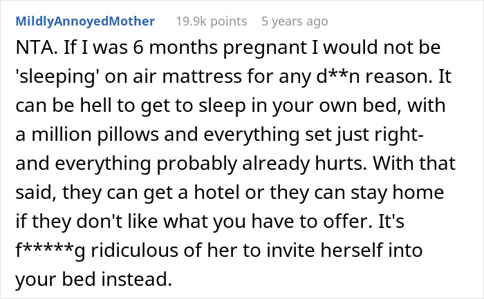 Screenshot of a Reddit comment discussing a pregnant SIL offended by being given an air mattress instead of a proper bed.