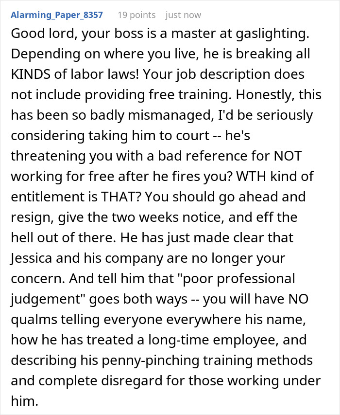 Comment criticizing a boss for threatening a reference after employee refuses unpaid training post layoff. Comment criticizing a boss for threatening a reference after employee refuses unpaid training post layoff.