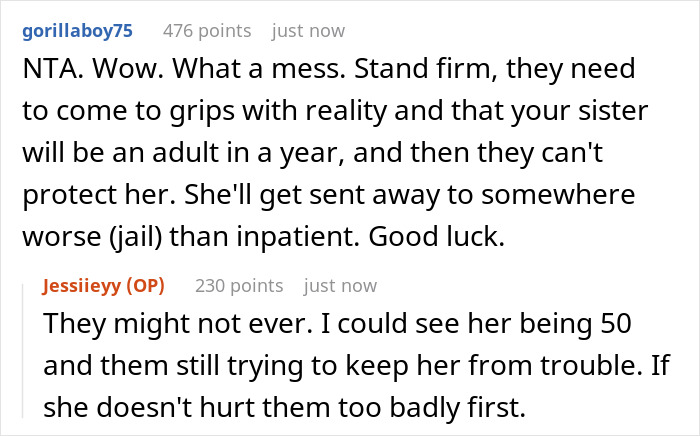 Screenshot of a Reddit conversation about a 16YO feeling like a prisoner around a mentally unstable sister and family dynamics.