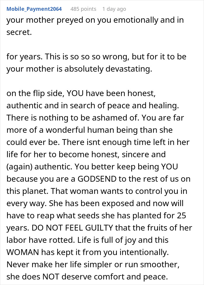 Emotional text about a woman feeling betrayed by her mother spying on therapy sessions, seeking peace and healing.