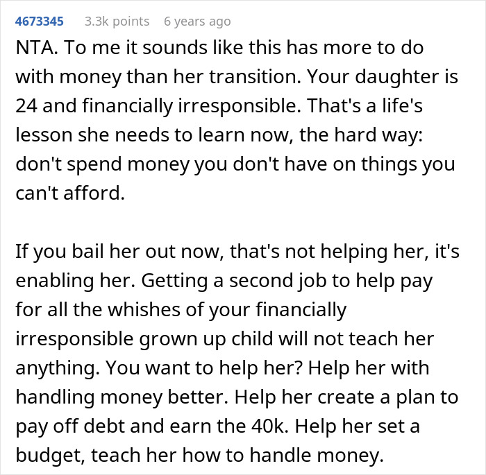 Comment discussing concerns about daughter’s money management and financial responsibility regarding surgeries. Comment discussing concerns about daughter’s money management and financial responsibility regarding surgeries.