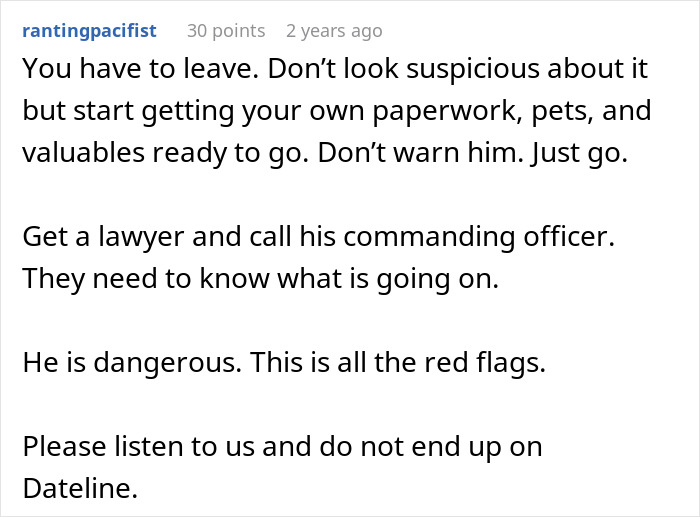 Reddit user warns about dangerous behavior, advising to leave quietly and seek legal help in suspicious situations. Reddit user warns about dangerous behavior, advising to leave quietly and seek legal help in suspicious situations.