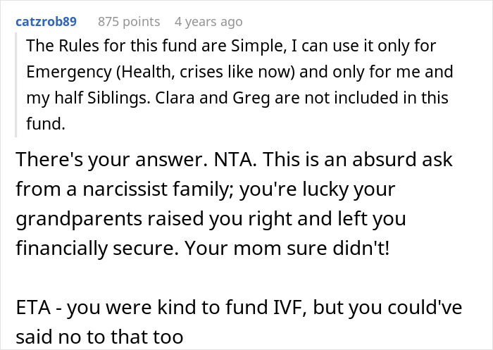 Comment explaining family health fund rules and criticizing woman suing half-brother over plastic surgery costs.