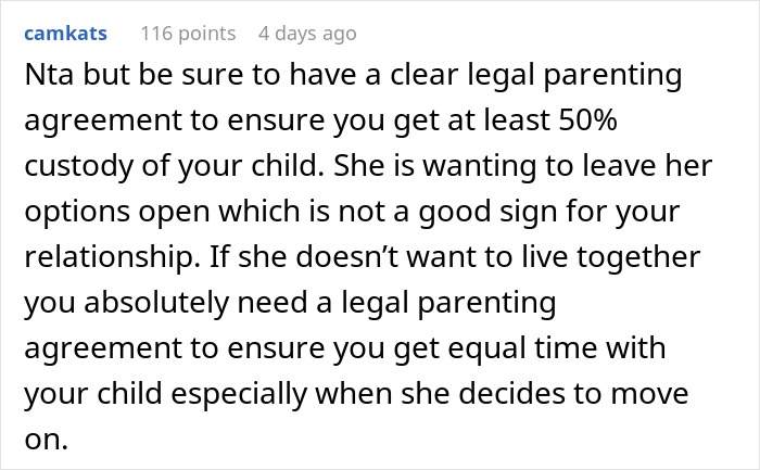 Comment explaining the importance of a legal parenting agreement when a pregnant girlfriend is refusing to move together.