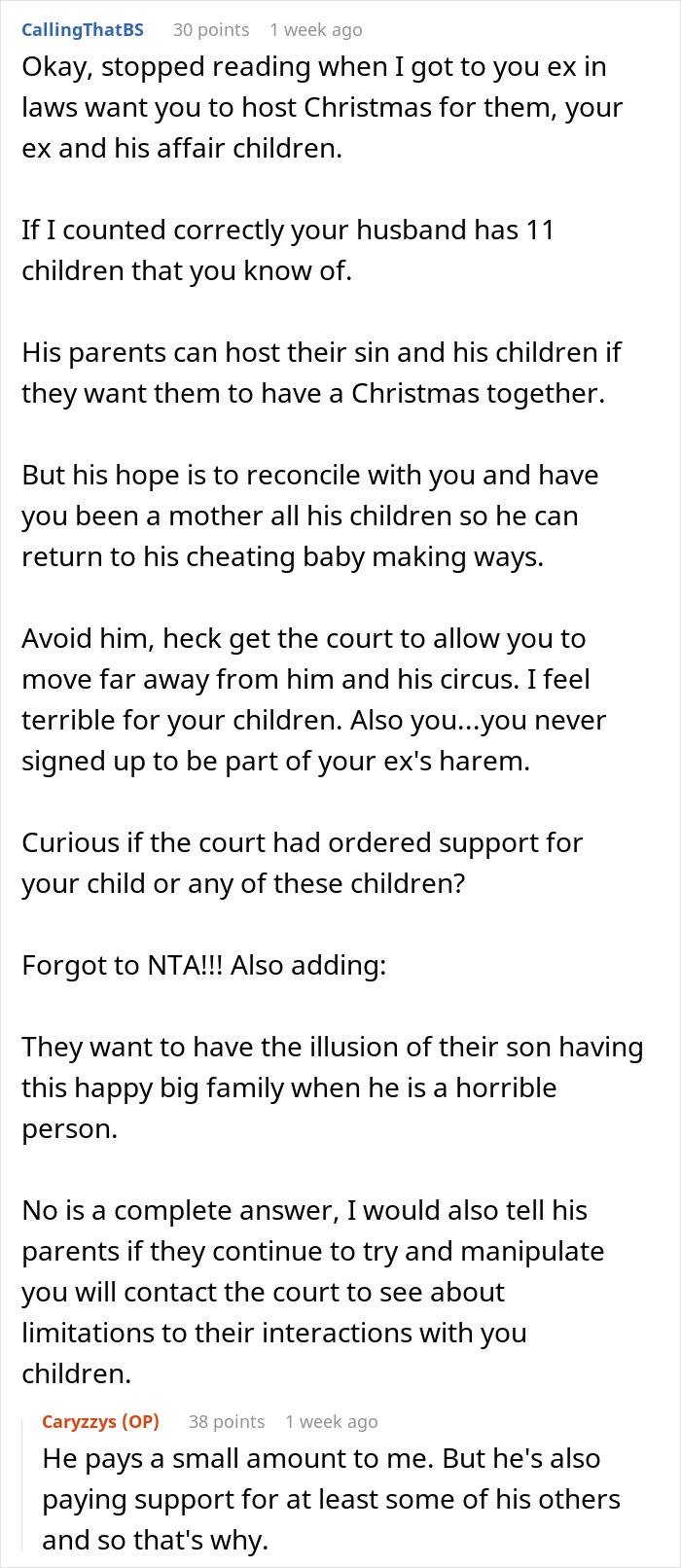 Reddit comment discussing in-laws furious after woman refuses to host blended family Christmas with ex’s affair kids. Reddit comment discussing in-laws furious after woman refuses to host blended family Christmas with ex’s affair kids.