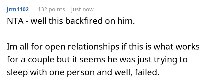 Screenshot of a Reddit comment discussing a boyfriend opening relationship but getting no dates, with 132 points. Screenshot of a Reddit comment discussing a boyfriend opening relationship but getting no dates, with 132 points.