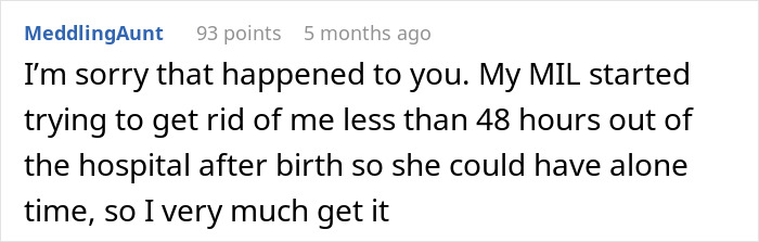 Screenshot of a forum comment where a mom shares her discomfort about leaving her baby alone with her mom or mother-in-law.
