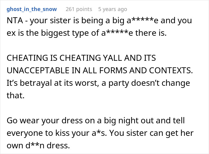 Screenshot of a detailed comment expressing strong opinions about a wedding dress dispute involving a sister and an ex. Screenshot of a detailed comment expressing strong opinions about a wedding dress dispute involving a sister and an ex.