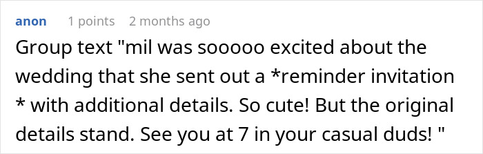 Text message screenshot discussing MIL sending secret wedding invitations to protect family image during the wedding planning.