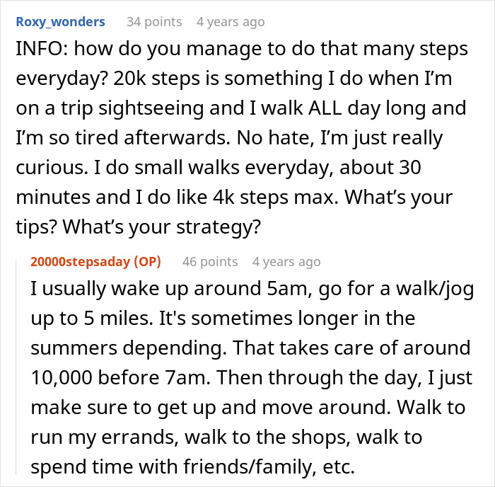 Screenshot of a Reddit conversation about strategies for maintaining 20K steps per day and daily walking habits. Screenshot of a Reddit conversation about strategies for maintaining 20K steps per day and daily walking habits.