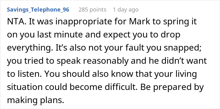 Screenshot of a Reddit comment discussing a guy thinking his girlfriend’s son is a free babysitter and snapping over responsibility.