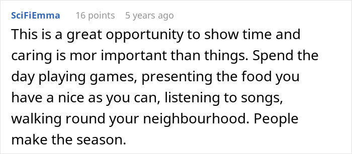 Comment on a post about a father wanting to cancel Christmas due to affordability, emphasizing time and care over gifts.