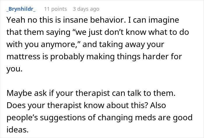 Screenshot of a Reddit comment discussing parents trying to cure daughter&rsquo;s depression by removing her mattress.
