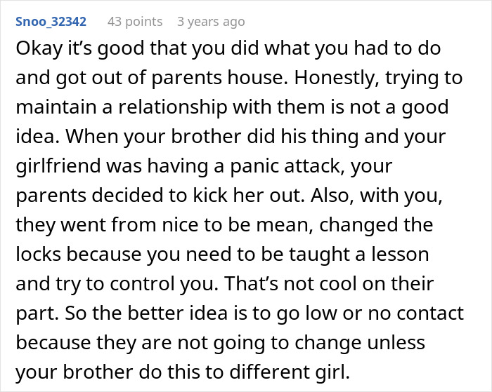 Comment discussing entitled parents treating autistic brother as golden child while ignoring troubling behavior and family conflict.