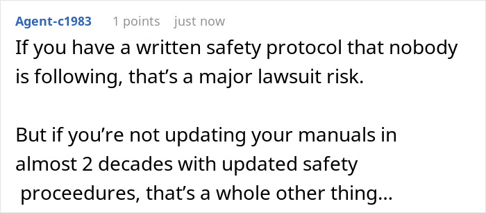 Screenshot of a text post discussing risks of outdated safety protocols and manuals in workplace compliance issues. Screenshot of a text post discussing risks of outdated safety protocols and manuals in workplace compliance issues.