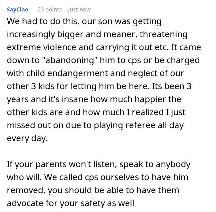 Comment discussing challenges of living with a mentally unstable sibling and feeling like a prisoner in the family dynamic.