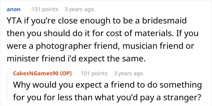 Comment thread discussing bridesmaid costs and expectations related to upgrading a honeymoon at bridesmaid’s expense.