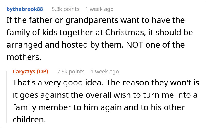 Reddit discussion about in-laws upset after woman refuses to host blended family Christmas with ex&rsquo;s affair kids.