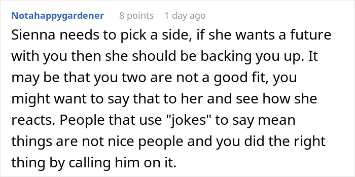Screenshot of a Reddit comment discussing a funny guy who mocks daughter's boyfriend because of his job, then claps back.
