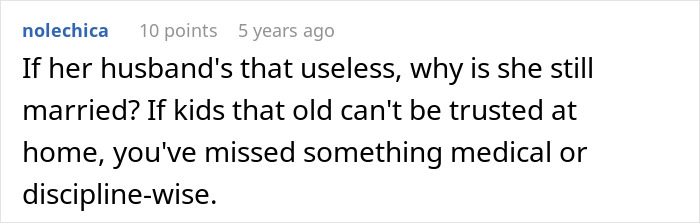 Screenshot of a forum comment discussing a friend who doesn't understand why she can't bring her clingy children on vacation. Screenshot of a forum comment discussing a friend who doesn't understand why she can't bring her clingy children on vacation.