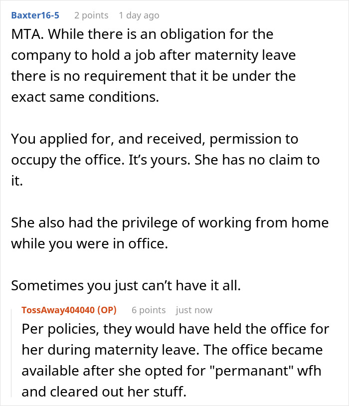 Online forum discussing a woman expecting her private office back after working from home for two years and facing reality. Online forum discussing a woman expecting her private office back after working from home for two years and facing reality.