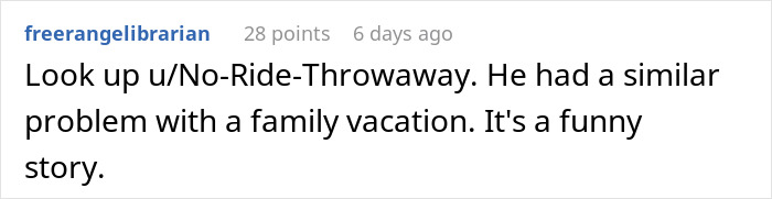 Screenshot of a Reddit comment discussing a family vacation conflict involving a childfree cousin and kids. Screenshot of a Reddit comment discussing a family vacation conflict involving a childfree cousin and kids.