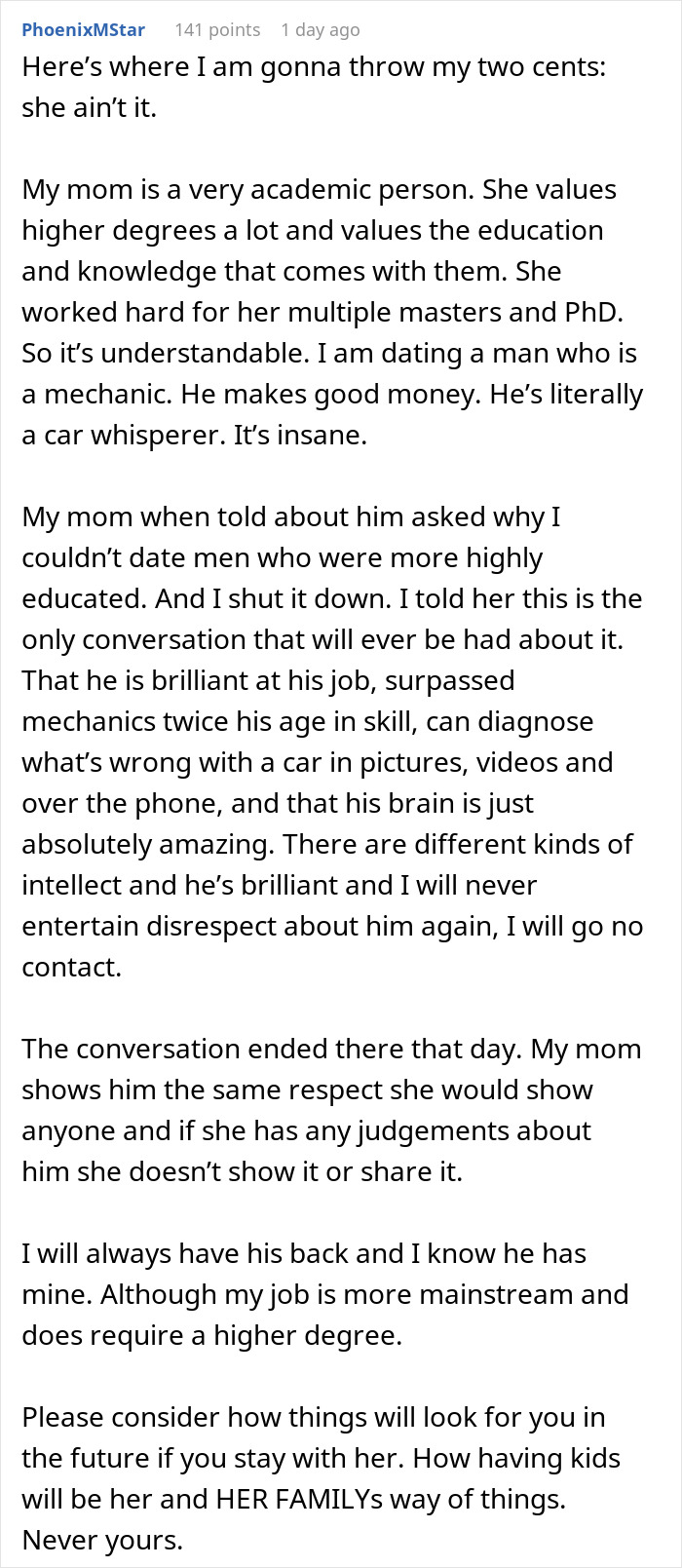 Text post discussing a funny guy mocking daughter's boyfriend's mechanic job and then clapping back.