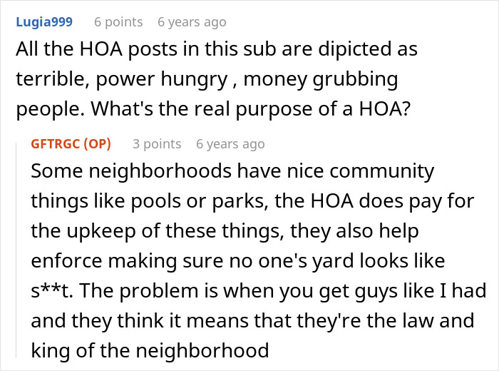Screenshot of a Reddit discussion about a stalkerish HOA president and issues with power-hungry HOA leaders. Screenshot of a Reddit discussion about a stalkerish HOA president and issues with power-hungry HOA leaders.