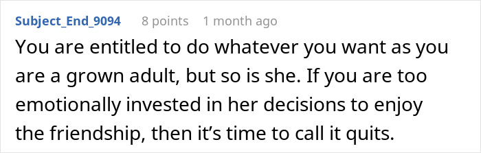 Screenshot of an online comment discussing an irresponsible friend making bad decisions and the emotional impact on the bestie.