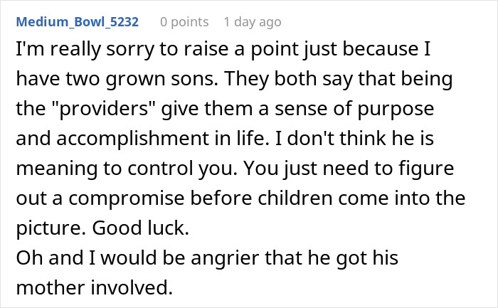 Comment discussing a woman refusing to quit job after husband’s promotion and a lecture on gender roles from mother-in-law.