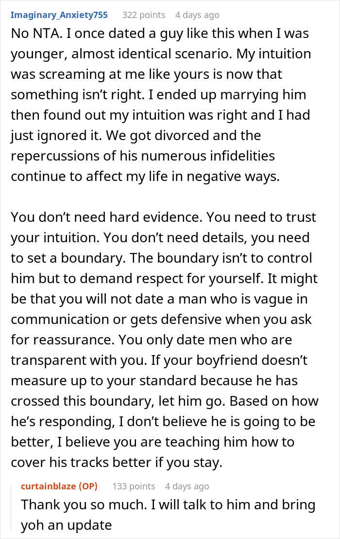 Screenshot of a Reddit conversation about a man’s suspicious work trip causing relationship trust and boundary issues. Screenshot of a Reddit conversation about a man’s suspicious work trip causing relationship trust and boundary issues.