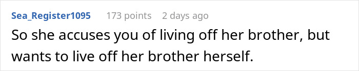 Comment text on a white background discussing a woman refusing to let her homeless sister-in-law move in. Comment text on a white background discussing a woman refusing to let her homeless sister-in-law move in.