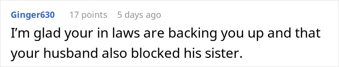 Comment text discussing in-laws backing someone and a husband blocking his sister to support his wife.