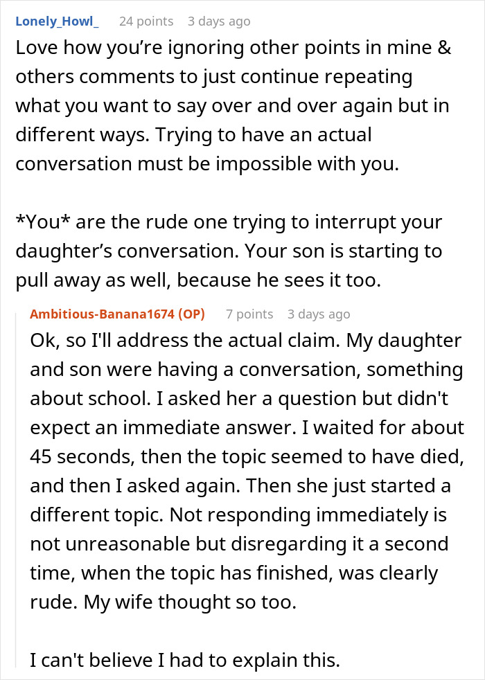 Reddit comment thread showing a man describing his teen’s rude attitude and family communication struggles over five years.