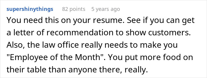 Text comment highlighting a baker’s efforts and humorous legal recognition in a corporate setting about bagel delivery.