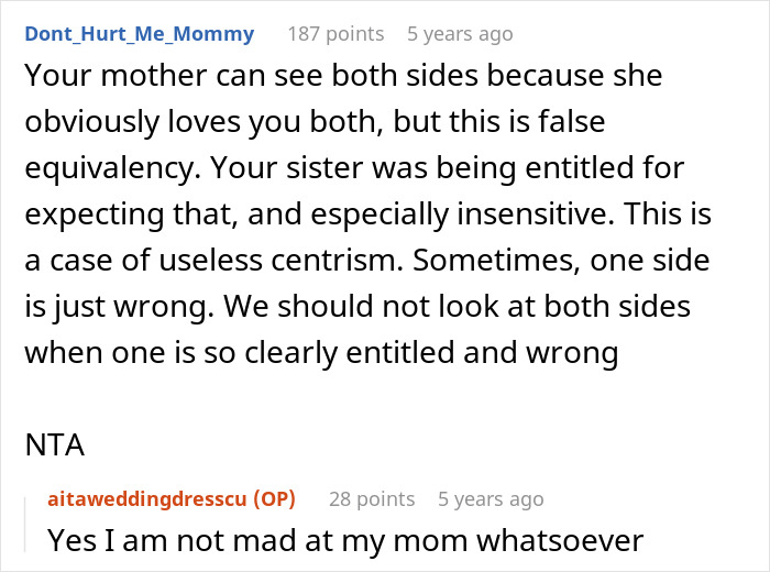 Reddit user discussing sister's reaction to woman remaking wedding dress instead of giving it to her.