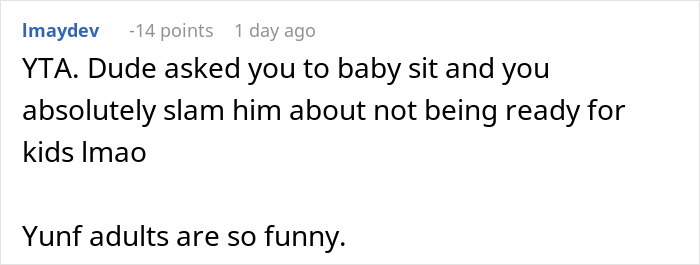 Screenshot of a Reddit comment about a guy thinking his girlfriend's son is a free babysitter and finally snapping.