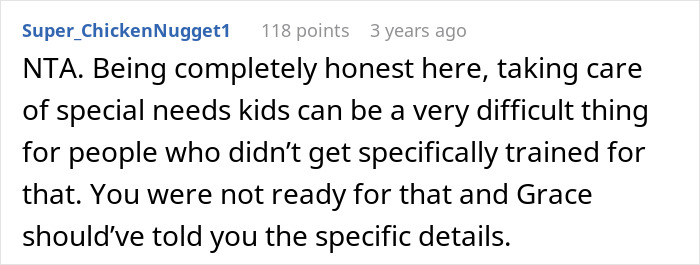 Text comment discussing challenges of caring for special needs kids and lack of specific training for teen sitter. Text comment discussing challenges of caring for special needs kids and lack of specific training for teen sitter.