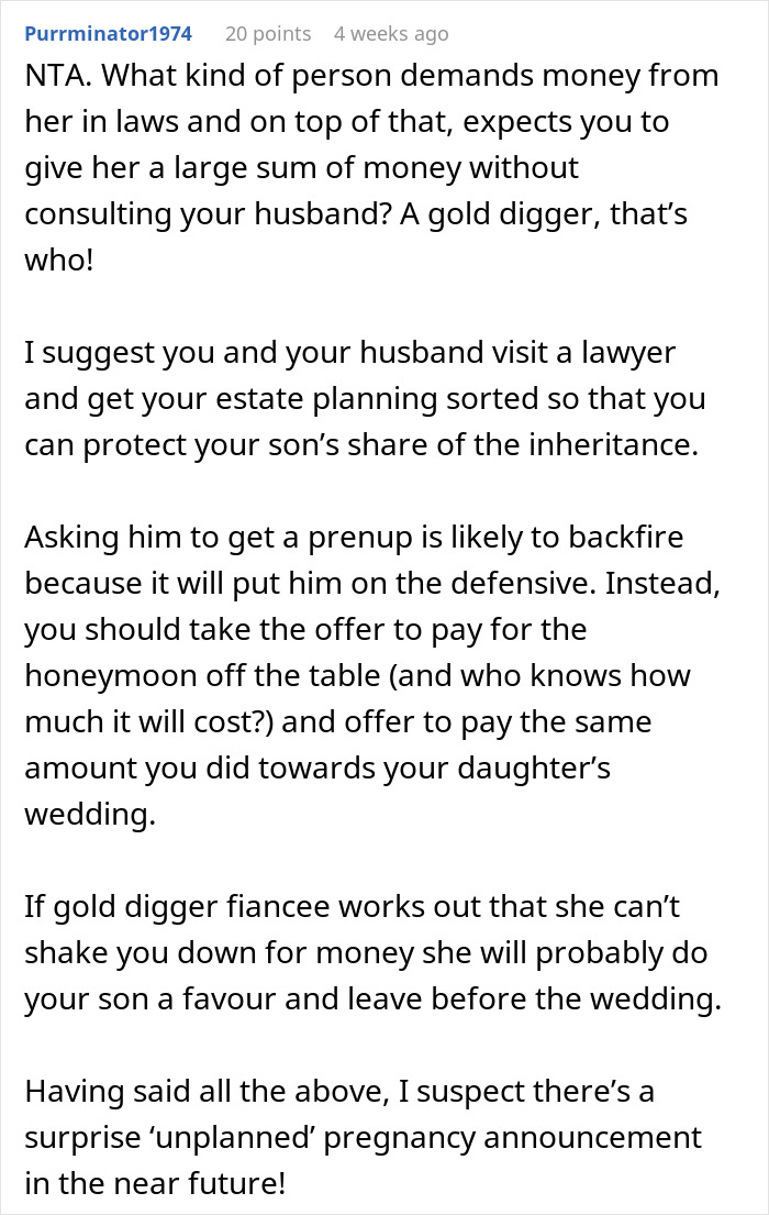 Comment discussing future daughter-in-law demanding an $80,000 wedding and wealthy in-laws asking for a prenup in return. Comment discussing future daughter-in-law demanding an $80,000 wedding and wealthy in-laws asking for a prenup in return.